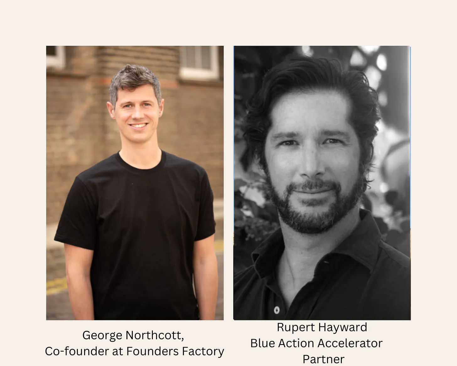 Side-by-side portraits of George Northcott, co-founder at Founders Factory, and Rupert Hayward, partner at Blue Action Accelerator. They are key figures behind the ocean-focused climate tech initiative in The Bahamas.