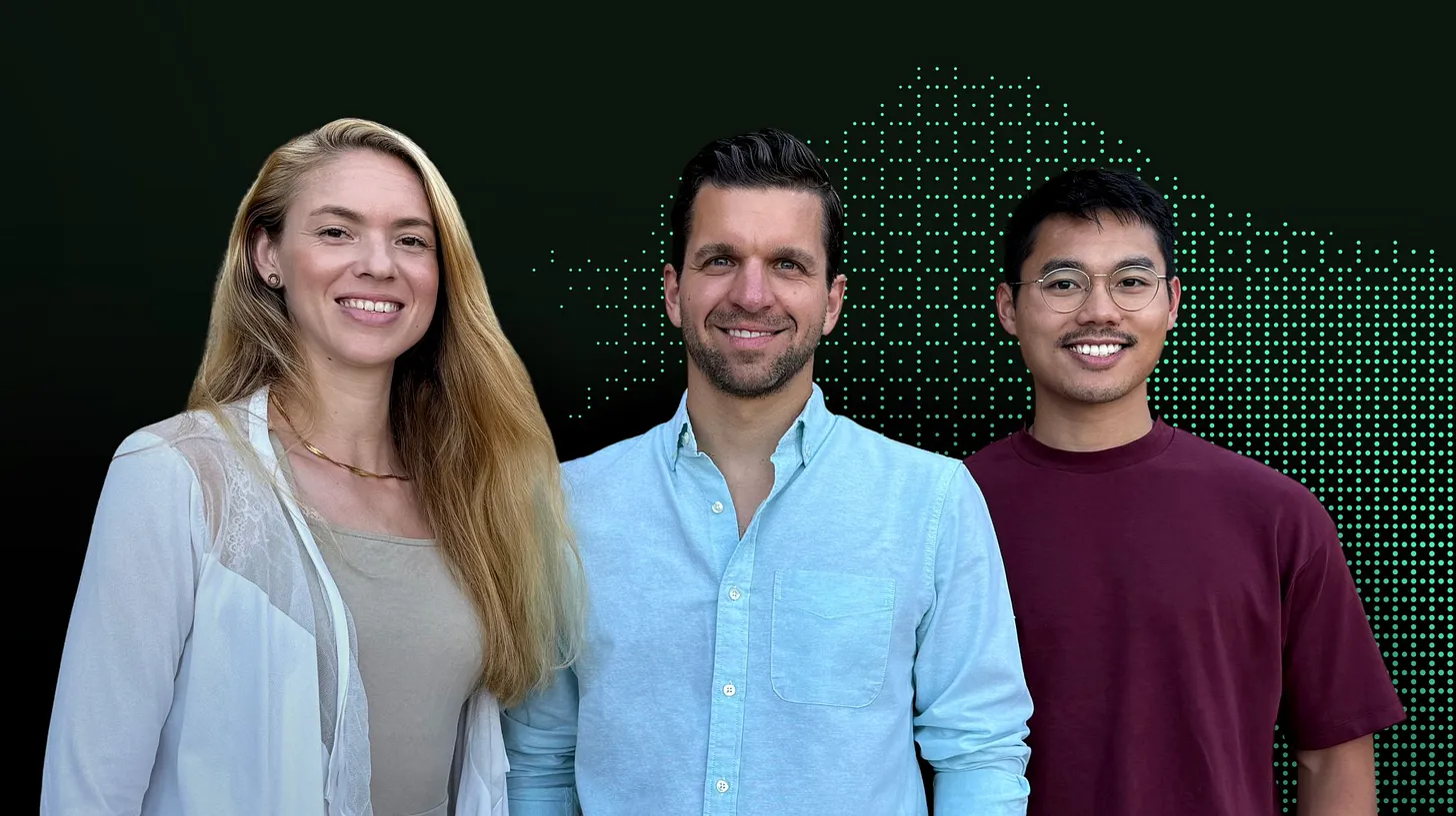 The founding team of Visionaries Tomorrow VC — Iris ten Have, Sebastian Pollok, and Thong Le Hoang — smiling together against a digital-themed backdrop. They invest in startups solving deep-rooted challenges in industrial decarbonization.